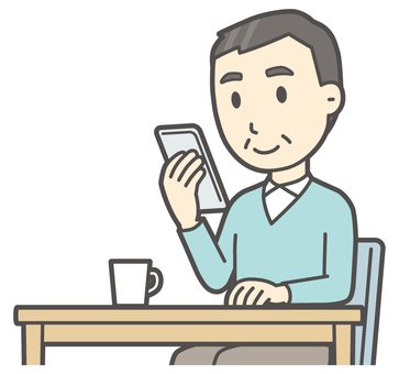 テーブルでスマホを見ている中年の男性 見る,おじさん,男性,中年,お父さん,パパ,シニア,ミドルエイジ,人,おじいさんのイラスト素材