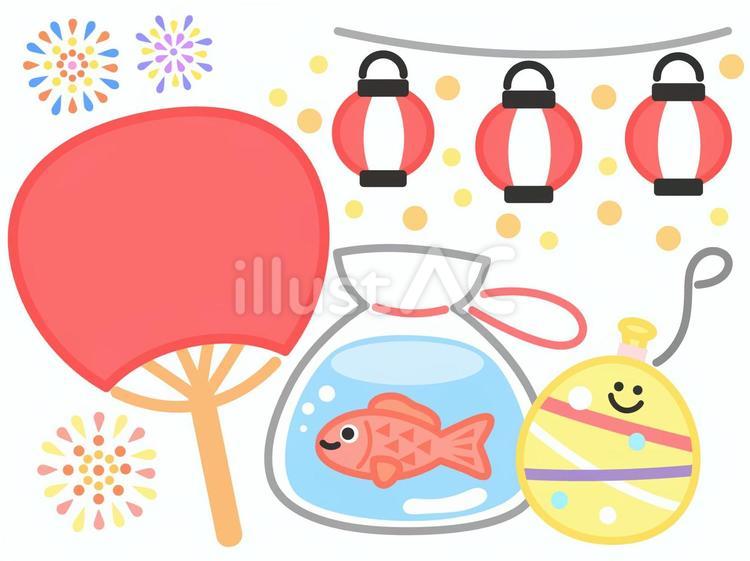 夏祭りの夜のイラスト（白背景） 夏祭り,祭り,団扇のイラスト素材