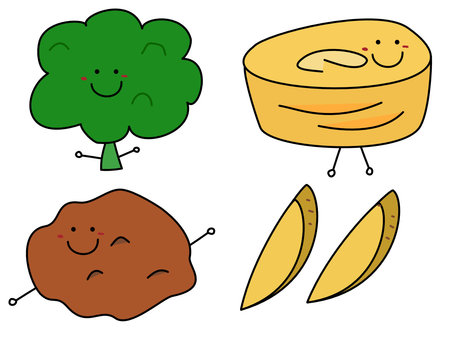 お弁当の具のキャラクター お弁当,キャラクター,笑顔,ブロッコリー,たまごやき,唐揚げ,ポテト,卵,卵料理,揚げ物のイラスト素材