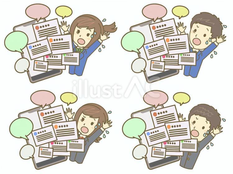 SNSにコメントが押し寄せる学生セット スマートフォン,スマホ,女子のイラスト素材