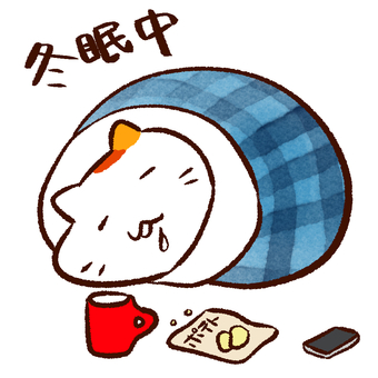 布団の中で冬眠中の三毛猫 三毛猫,ねこ,布団,冬眠,冬眠中,冬,寒い,ゴロゴロ,怠惰,休むのイラスト素材