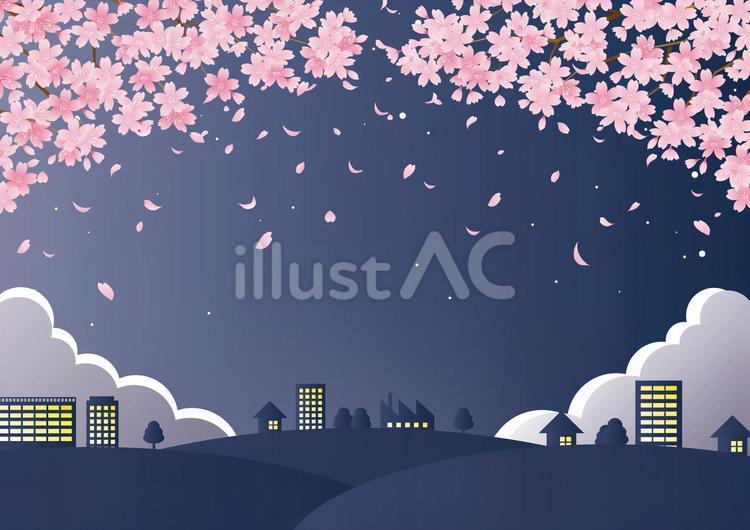 都会と夜桜の背景素材 春,桜,夜のイラスト素材