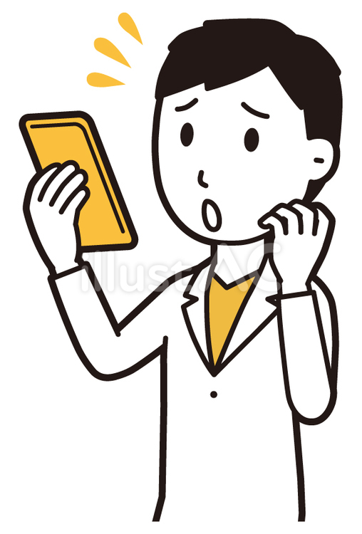  男性医師白衣(黄)-063-バスト スマホ,慌てる,医者のイラスト素材