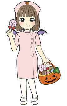 お菓子を持つハロウィンの小悪魔ナース 萌え,ハロウィン,悪魔,羽,こうもり,ナース,かぼちゃ,秋,10月,コスプレのイラスト素材