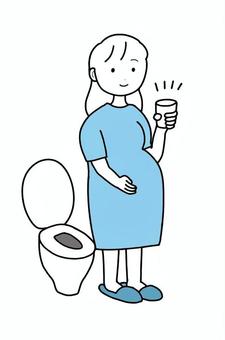 シンプル検尿（b） シンプル,検尿,検尿カップ,女,人,妊娠,妊婦,妊婦健診,ワンピース,スリッパのイラスト素材