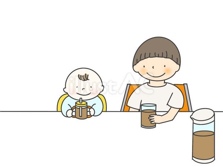 水分補給　男の子と赤ちゃん 水分補給,お茶,赤ちゃんのイラスト素材