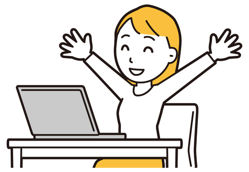  ロングヘア女性(黄)-537-バスト パソコン,万歳,女性,女の子,人物,かわいい,喜ぶ,嬉しい,笑顔,楽しいのイラスト素材