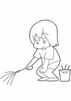 手持ち花火を持つ女の子（線画） 花火,子供,女の子,手持ち花火,夏,線画,塗り絵,バケツのイラスト素材