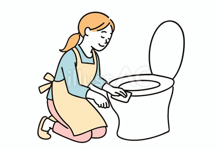 トイレ掃除をするエプロン姿の女性-清掃 女性,トイレ,主婦のイラスト素材