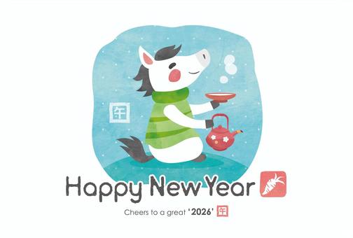 年賀状（2026）甘酒を飲む馬 年賀状,馬,午,甘酒,お酒,正月,2026年,2026,午年,年賀はがきのイラスト素材