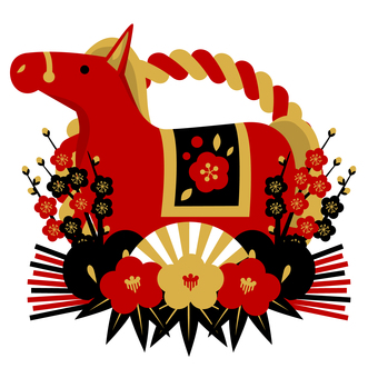 zodiac26910 馬,午年,しめ飾り,扇,椿,梅,松,年賀状,花,和風のイラスト素材