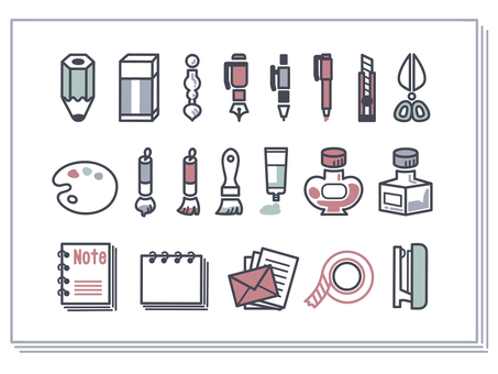 文房具の線画のアイコンセット　カラー 文房具,アイコン,美術,絵画,筆記,セット,ペン,万年筆,鉛筆,消しゴムのイラスト素材