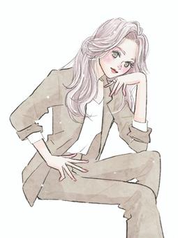 ベージュスーツの女性ビジネスパーソン オフィスレディ,ビジネスウーマン,キャリアウーマン,ビジネス,社会人,派遣,オフィス,オフィスカジュアル,会社員,ビジネスカジュアルのイラスト素材