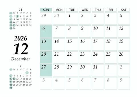2026 12月 日曜始 カレンダー 横 カレンダー,2026年,2026,令和8,r8,12月,12,december,a4,マンスリーのイラスト素材