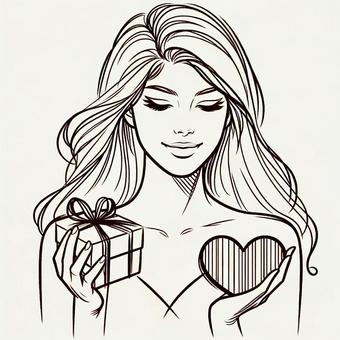 woman holding a present, female, black and white, heart, JPG