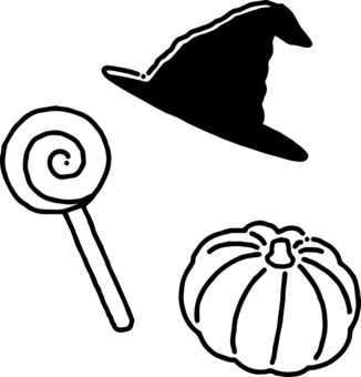 ハロウィンのイラスト線画 ハロウィン,帽子,かぼちゃ,飴,おかし,イベント,秋,手書きのイラスト素材