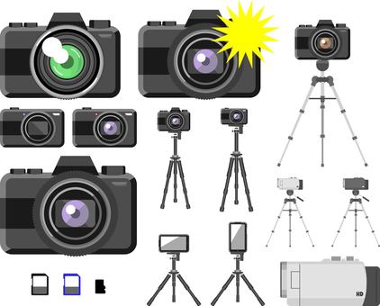 カメラセット カメラ,ビデオ,録画,スマホ,ハンディカム,一眼レフ,デジカメ,三脚,記念撮影,コンパクトカメラのイラスト素材