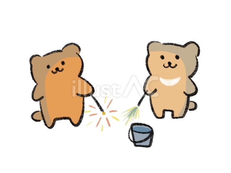 花火をしているくまさん くま,花火,バケツのイラスト素材