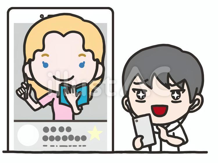 スマホで英会話を頑張る男性と女性教師 男性,手書き,手描きのイラスト素材