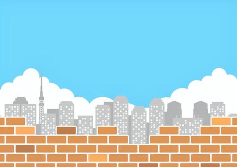 レンガ越しに見える都会のビルの風景素材 都会,ビル,オフィス,タワー,レンガ,青空,雲,イラスト,風景,背景のイラスト素材