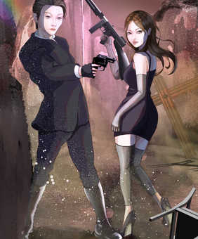 戦い 銃,女性,男性,全身,戦いのイラスト素材