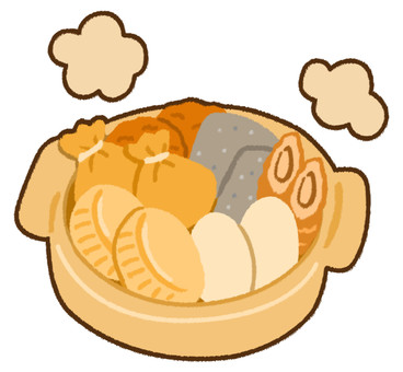 主線あり土鍋で煮られた美味しそうなおでん おでん,鍋,煮物,大根,厚揚げ,餅巾着,こんにゃく,ちくわ,卵,平天のイラスト素材