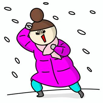 吹雪の中を歩くおだんごの女性 雪,吹雪,冬,女性,寒い,大雪,寒波,外出,積もる,歩くのイラスト素材