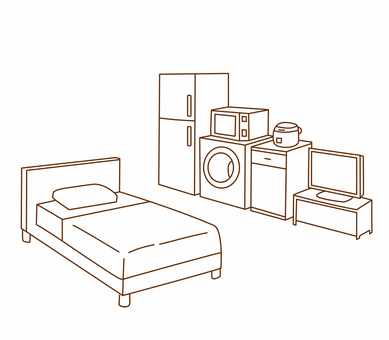 インテリアのラインアート１ 新生活,家具,家電,生活必需品,ベッド,冷蔵庫,洗濯機,炊飯器,電子レンジ,部屋のイラスト素材