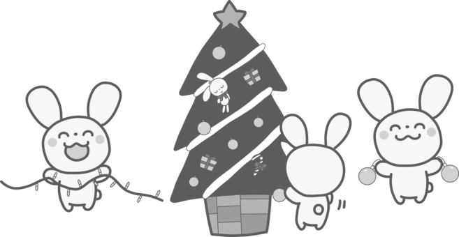 クリスマスツリー飾り付け　うさぎ　白黒 クリスマスツリー,うさぎ,塗り絵,白黒,飾り付け,オーナメント,クリスマス,イルミネーション,わくわく,楽しいのイラスト素材