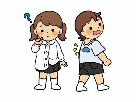 着替えをする子供 子供,園児,男の子,女の子,身支度,練習,着替え,失敗,困る,ボタンのイラスト素材