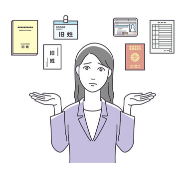 旧姓使用を考えるスーツ姿の女性 旧姓使用,旧姓,ビジネス,仕事,女性,通称使用,社員証,パス,カード,名刺のイラスト素材