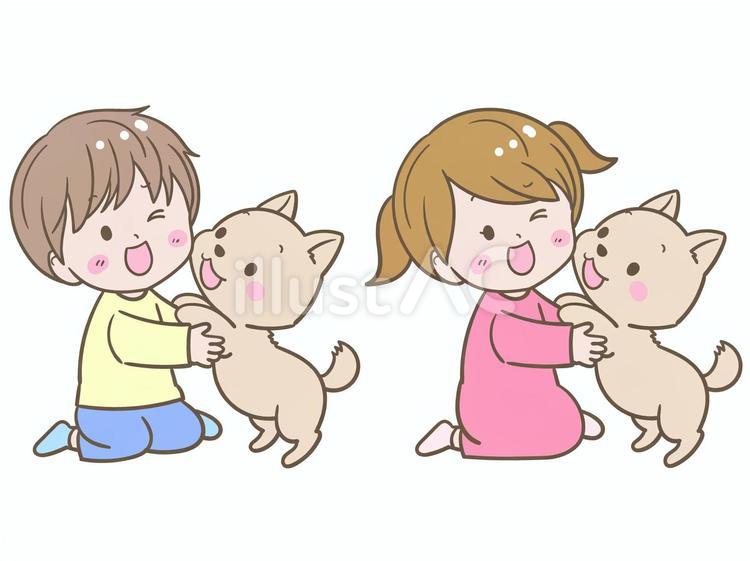 犬と戯れるシンプルな男の子と女の子 犬,ペット,小学生のイラスト素材