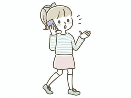 スマホで電話をする女の子 スマホ,小学生,電話,女の子,子ども,線画,手描き,人物,通話,会話のイラスト素材
