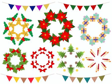 クリスマスのリースとイラスト～行事7 クリスマス,クリスマスリース,ガーランド,星,キャンドル,プレゼント,ポインセチア,リボン,ひいらぎ,ジンジャーマンクッキーのイラスト素材