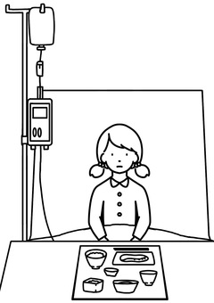 点滴中食事する女児　線画 点滴,食事,女児,子供,入院,線画のイラスト素材