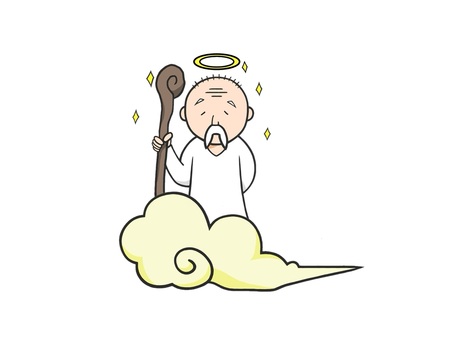 雲に乗って杖を持っている可愛い神様 雲,シニア,キラキラ,杖,お年寄り,老人,ゴッド,ふわふわ,人物,ユニークのイラスト素材