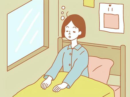 起きたけど眠い女性 朝,起きる,起床,眠い,窓,目覚め,ベッド,部屋,枕,布団のイラスト素材
