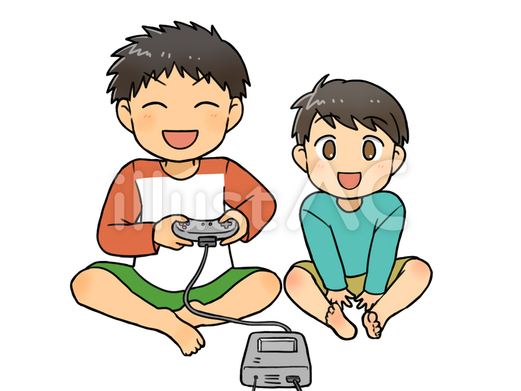 ゲームをする兄と楽しそうな弟 手描き,カラー,男の子のイラスト素材
