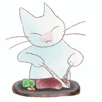 ステーキを食べる猫 猫,生き物,動物,ステーキ,ブロッコリー,人参,ナイフ,フォーク,水彩,鉛筆のイラスト素材