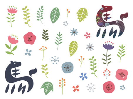 北欧風のボタニカル素材 午年 北欧風のボタニカル素材 午年 花,北欧,ボタニカル,森,植物,草,葉,冬,お正月,午年のイラスト素材