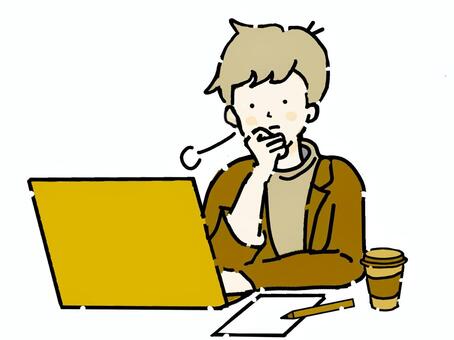 パソコン作業中にため息を吐く若い男性② ため息,パソコン,男性,人物,コーヒー,働く,仕事のイラスト素材