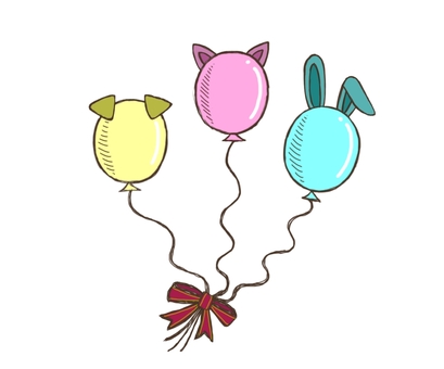 三色風船 風船,三色,カラフル,動物,猫,犬,ウサギ,耳,リボン,結ぶのイラスト素材