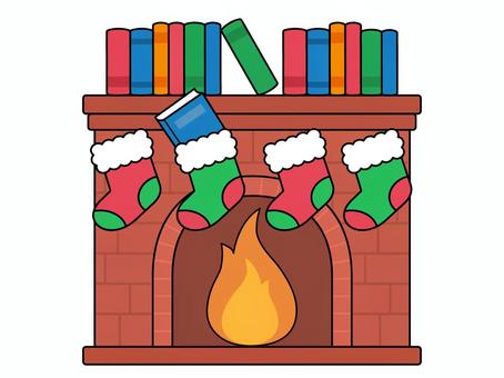 クリスマスな暖炉と本 本,クリスマス,冬,暖炉,靴下,プレゼント,主線ありのイラスト素材