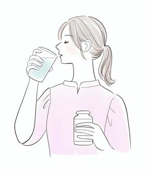 水でサプリを飲む女性 飲み物,飲む,グラス,水,コップ,美味しい,女性,きれい,美人,若いのイラスト素材