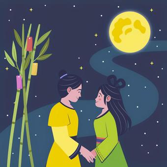 七夕003 七夕,笹の葉,笹飾り,星,天の川,彦星,織姫,夏祭り,7月,日本の行事のイラスト素材