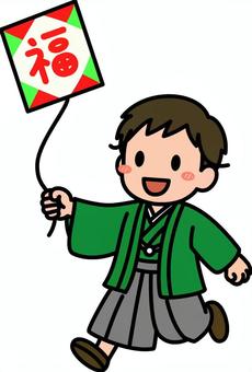 緑の羽織袴の男の子です。 男の子,羽織,袴,凧あげ,シンプル,和装,和服,成人式,卒業式,コスチュームのイラスト素材