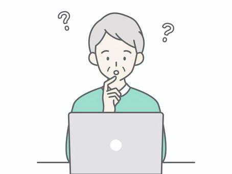 パソコンを見て考えるシニア男性 人物,男,祖父,おじいちゃん,老人,高齢者,お年寄り,シニア,白髪,パソコンのイラスト素材