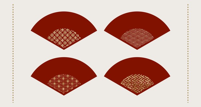 和柄とゴールドの扇子デザインセット 扇子,和柄,七宝,青海波,麻の葉,紗綾形,ゴールド,金,赤,レッドのイラスト素材