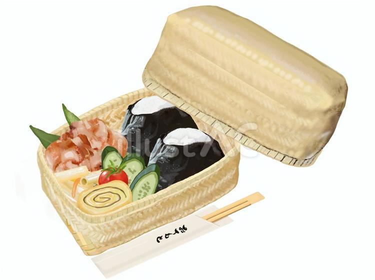 おにぎり弁当（竹製弁当箱2）箸・蓋付き おにぎり,バクダンおにぎり,箸のイラスト素材
