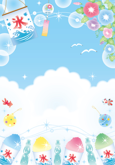 かき氷青空フレーム（たて） かき氷,夏,朝顔,かわいい,キラキラ,フレーム,背景,カード,ラムネ,風鈴のイラスト素材